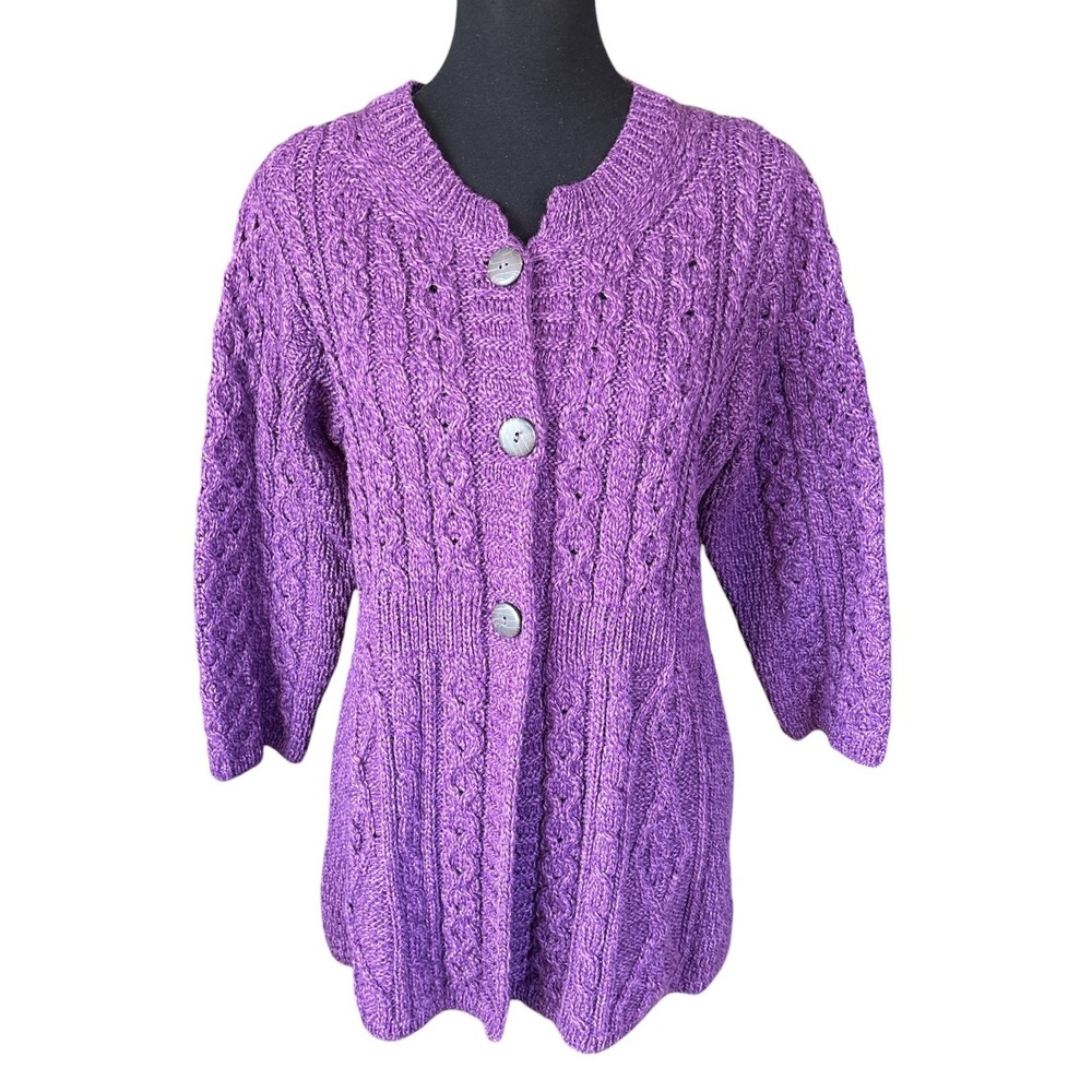 Kilronan Knitwear Purple Merino Wool Button Front Cardigan, Small, From Ireland